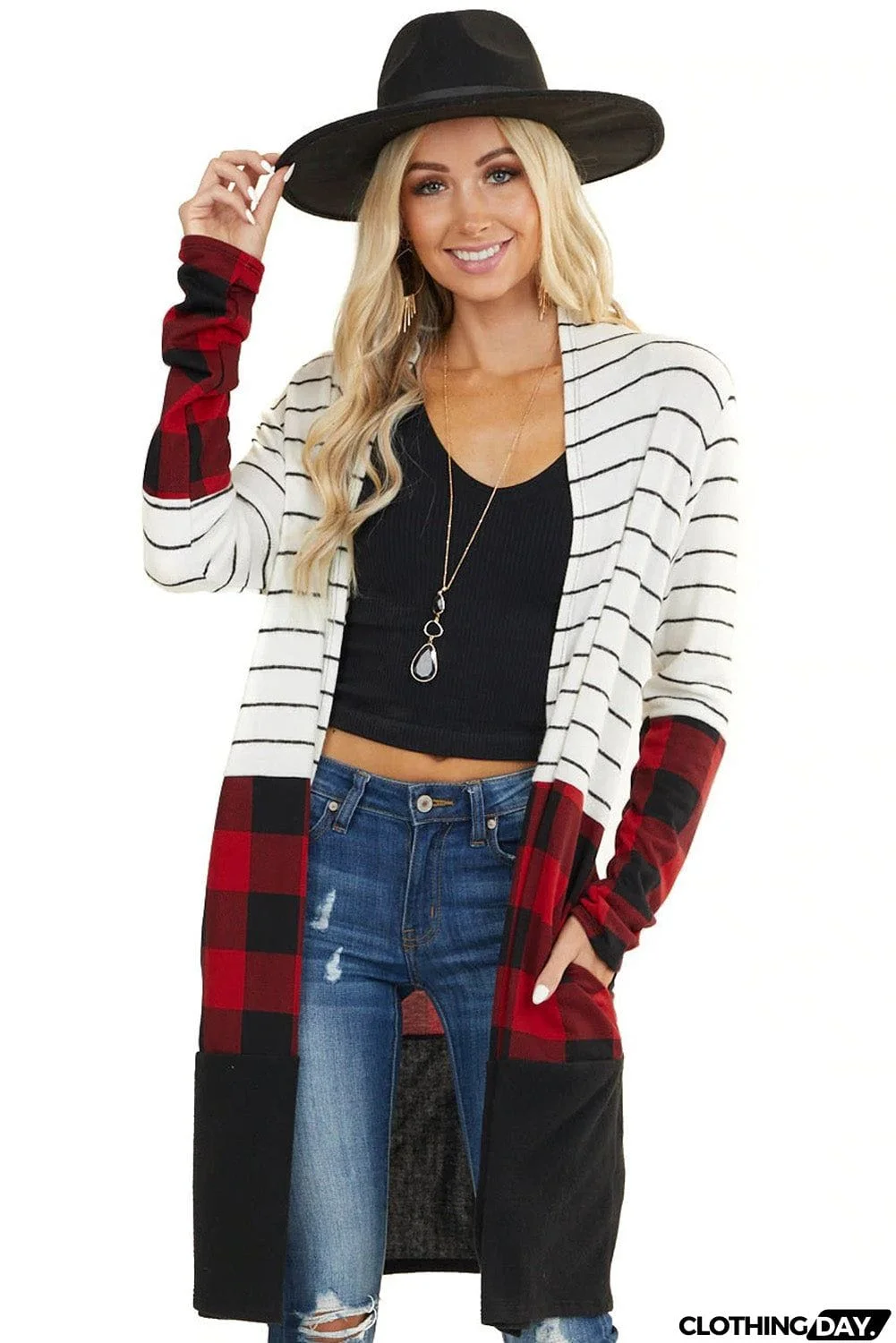 Plaid Colorblock Striped Cardigan