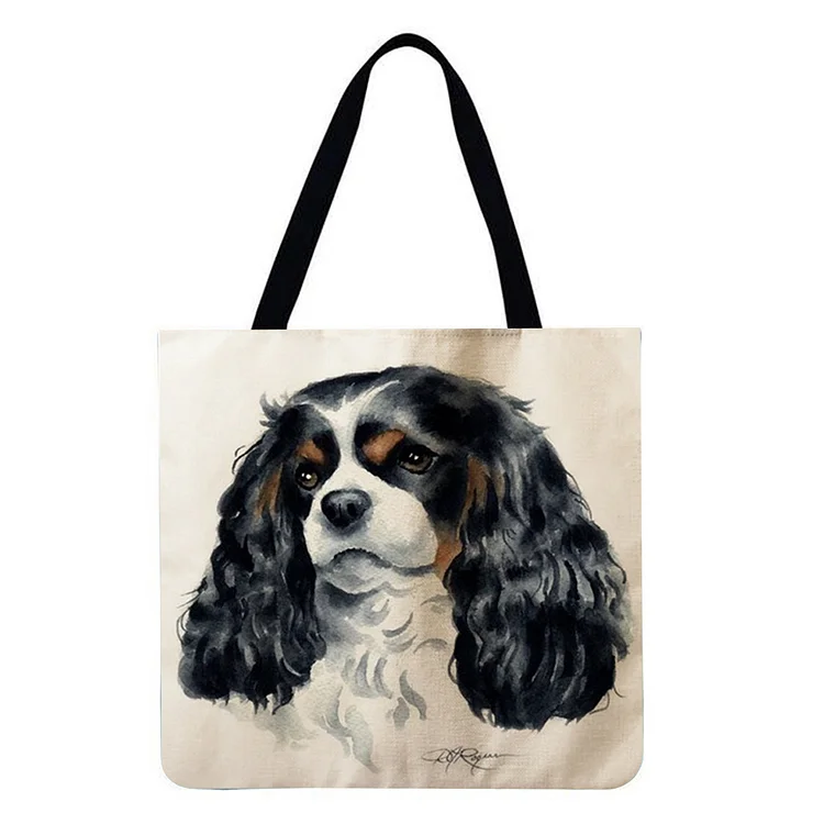 Linen Eco-friendly Tote Bag - Kawaii Puppies Charles Spaniel Dog Oil Painting