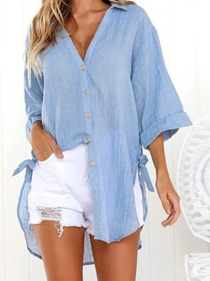 Ladies Cotton Linen Irregular Casual Shirt