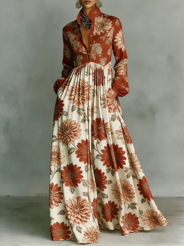 Women's Vintage print Elegant Romantic Vacation Maxi Dress