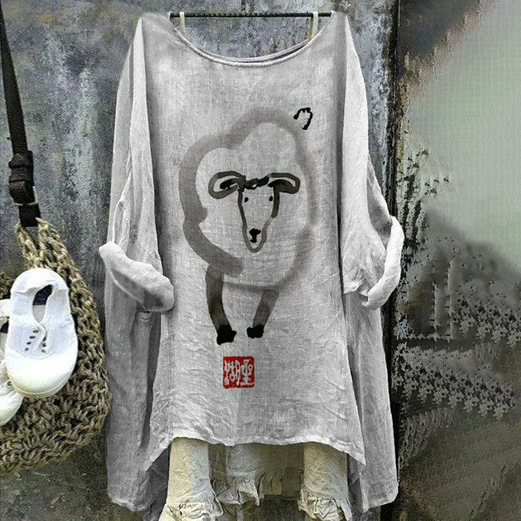 Comstylish Vintage Farm Sheep Crew Neck Linen Blend Casual Tunic