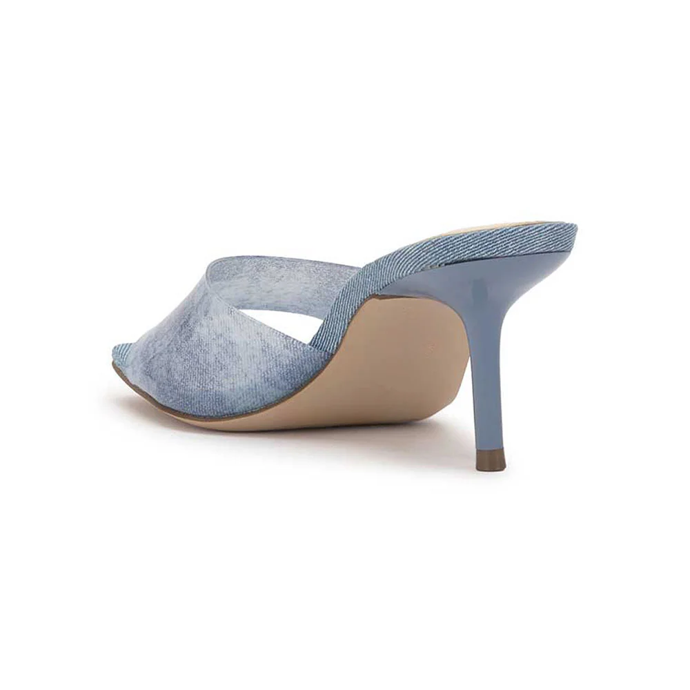Blue Open Square Toe Stiletto Heel Simple Slides for Women