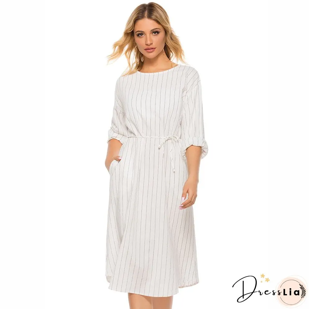 Pinstripe Tie Waist Round Neck Dress