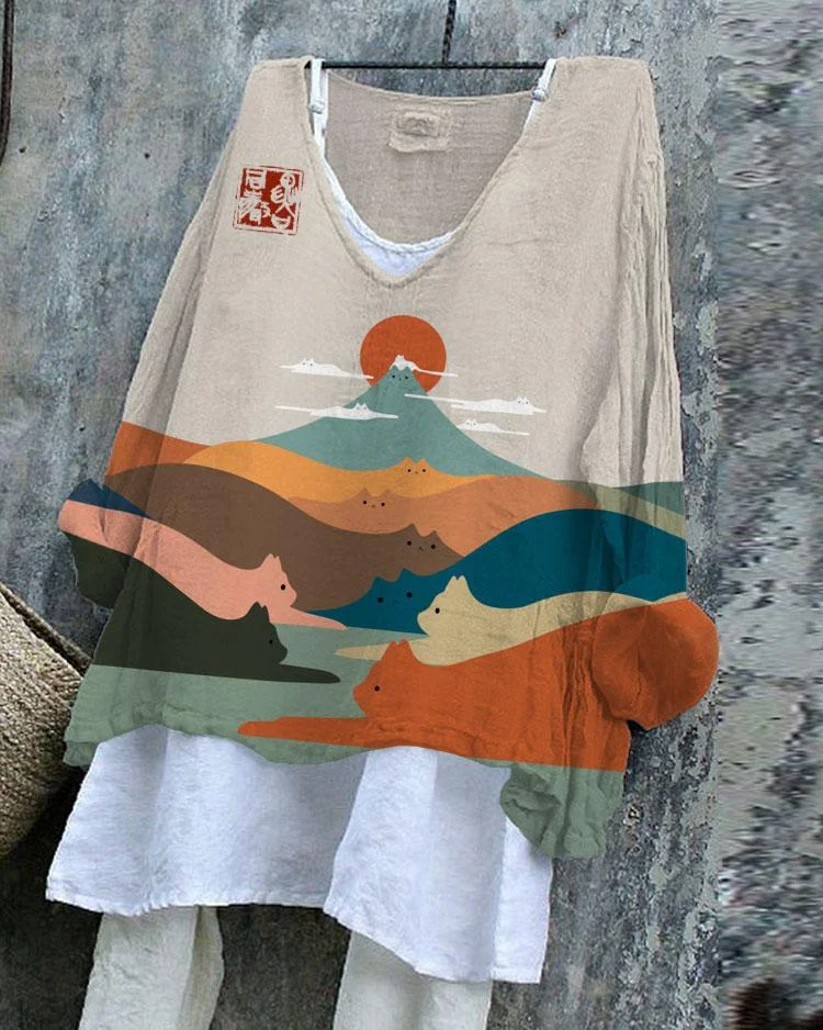 Colorful Hill Art Cat Art Linen Blend Tunic Shirt