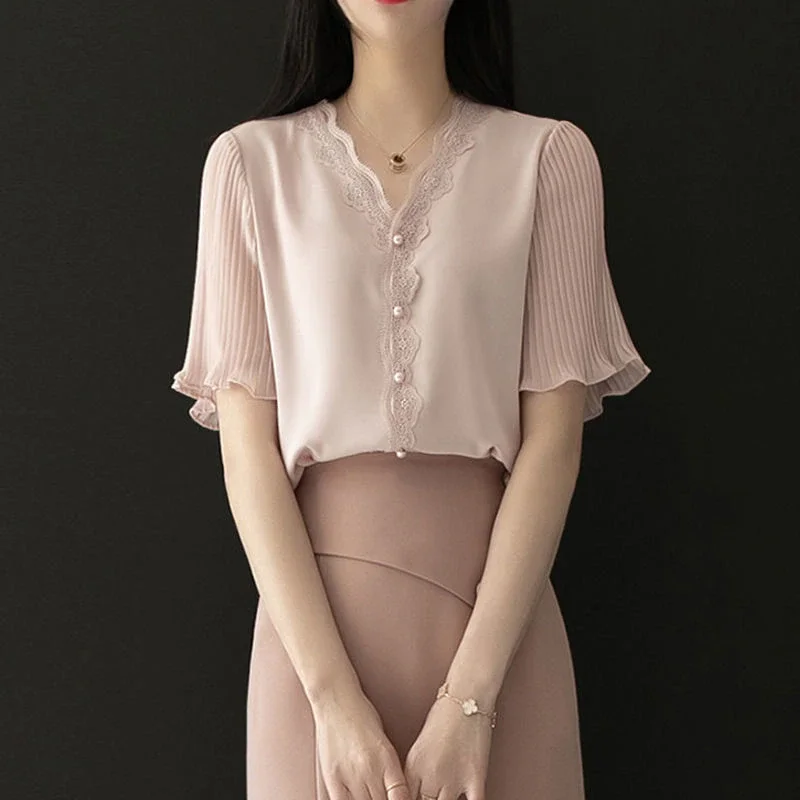 Jangj Summer New Fashion Solid Color Chiffon Shirt 2022 V-Neck Short Sleeve Lace Pullover Shirt Korean Elegant Casual Blouse