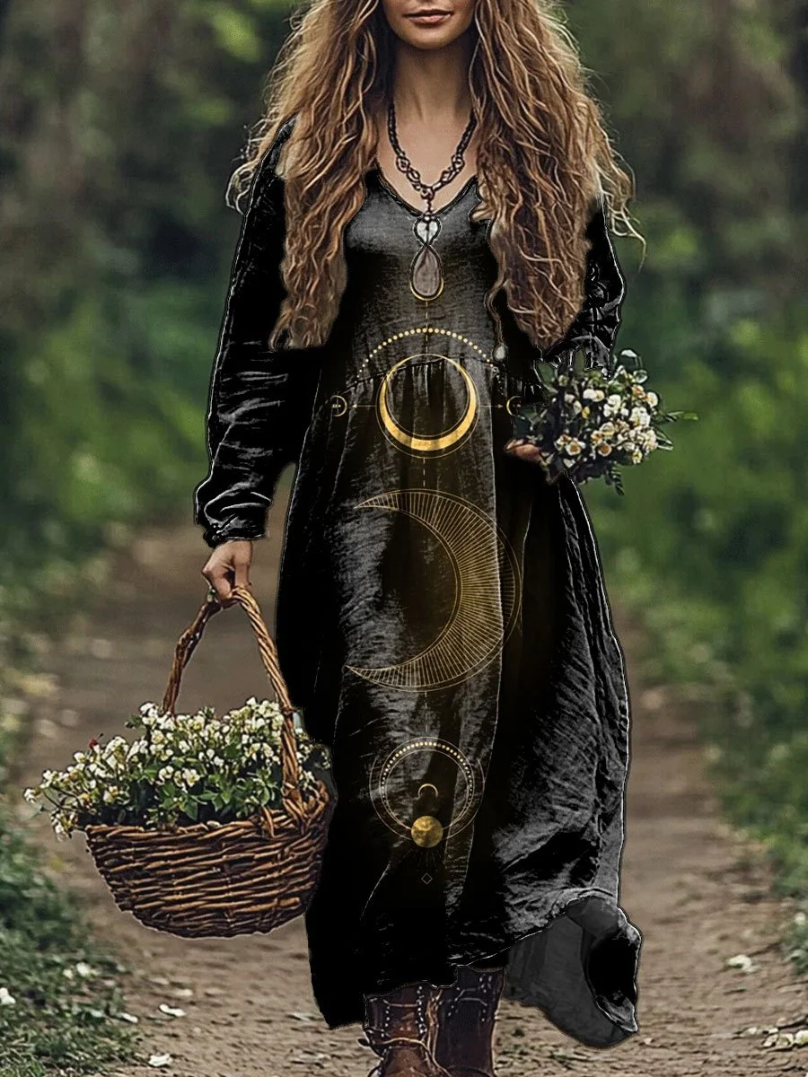 Women's Mysterious Crecent Moon Art Print Pocket Cotton Dress