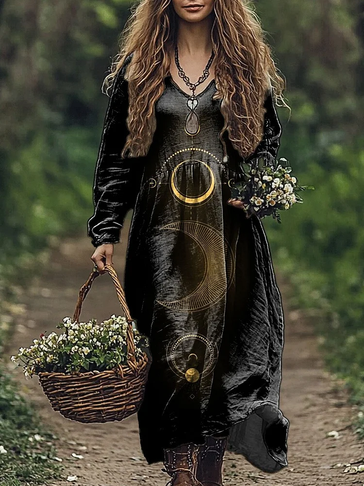 Women's Mysterious Crecent Moon Art Print Pocket Cotton Dress
