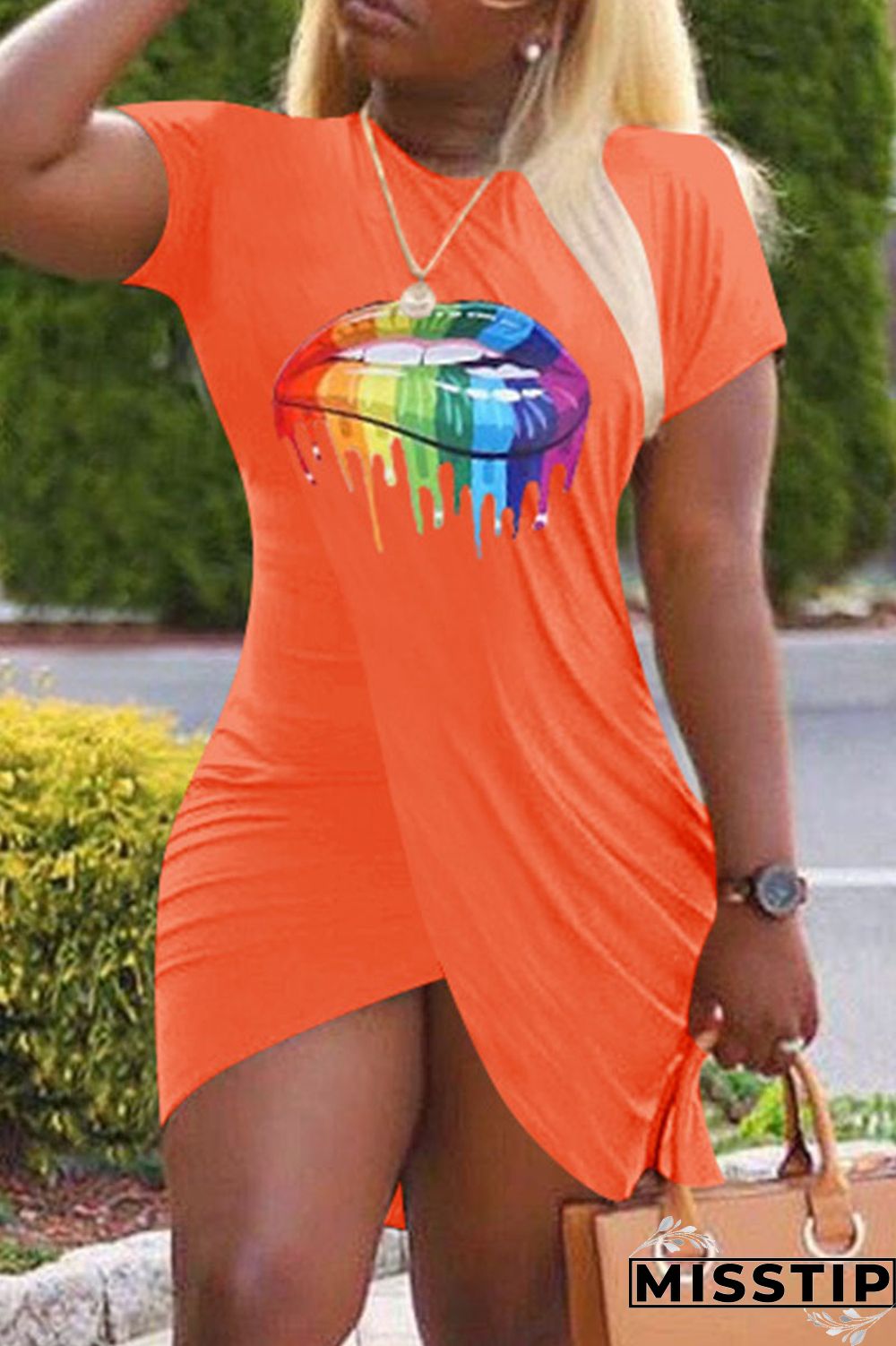 Orange Fashion Casual Lips Printed Patchwork O Neck Short Sleeve Dress Dresses