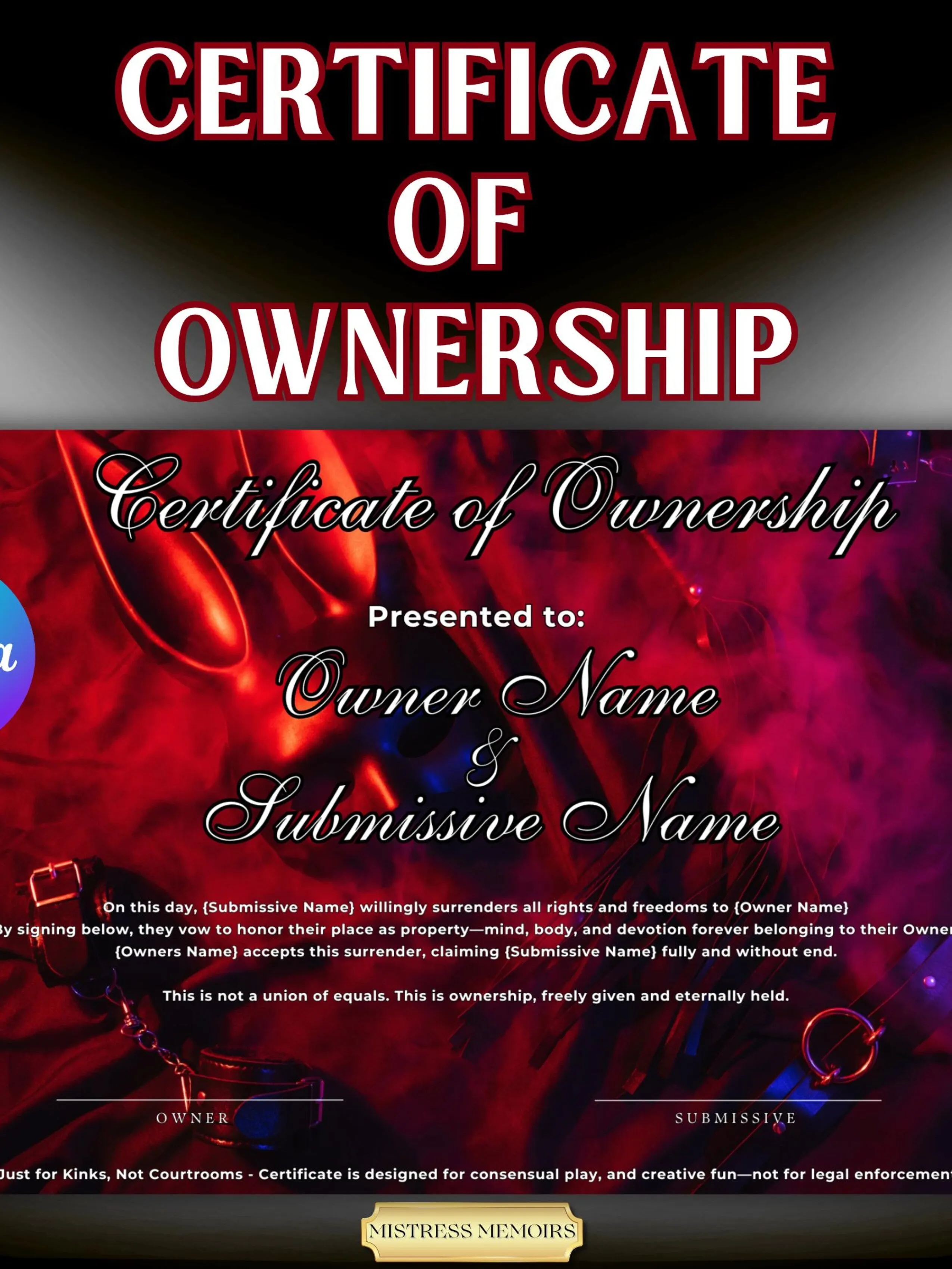 Dom Sub Certificate of Ownership - Play Time 2 | Customizable ...