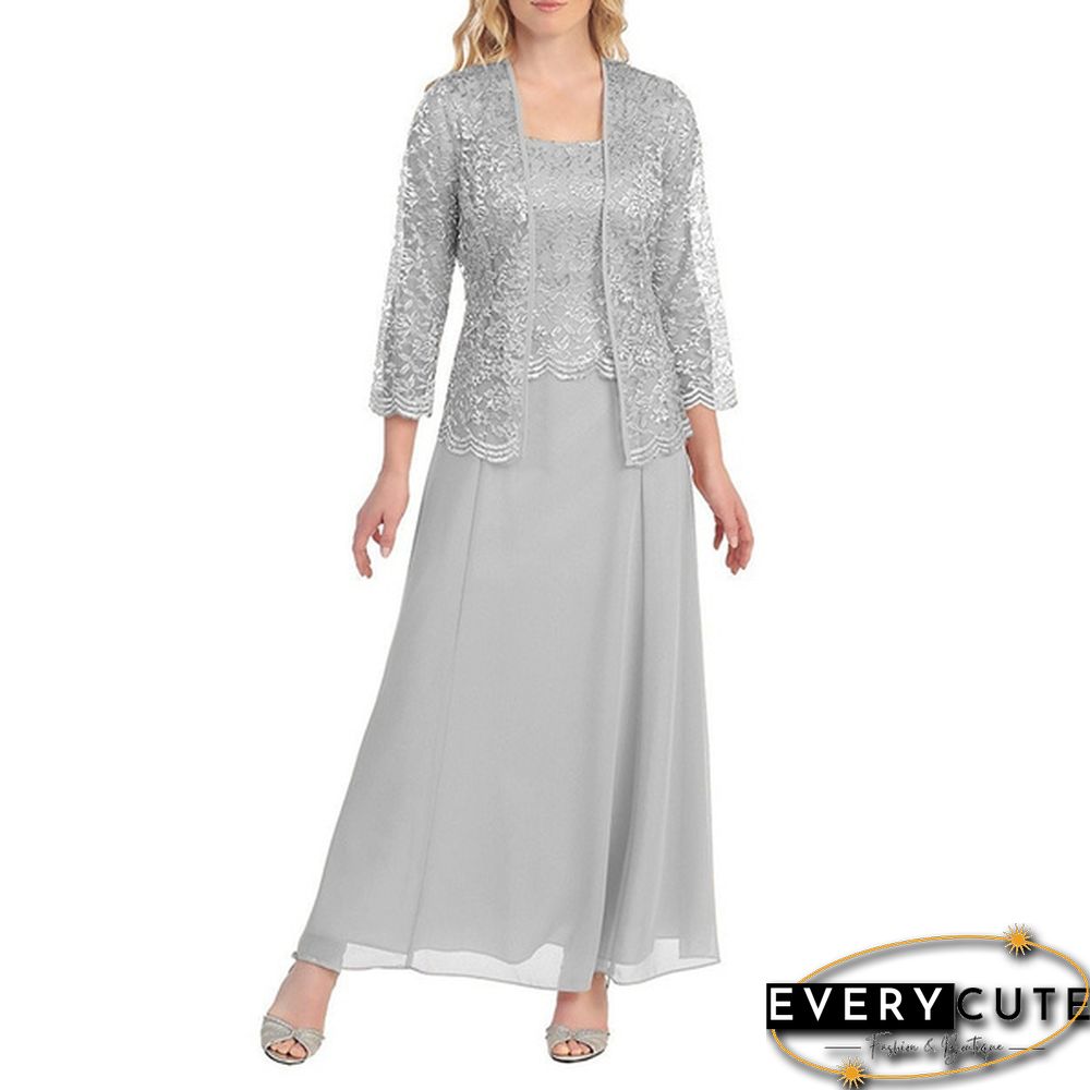 New Women lace cardigan and chiffon maxi skirt Two-piece Ladies Fashion Long Chiffon Dress Mother of Groom Dress with Lace Long Sleeve
