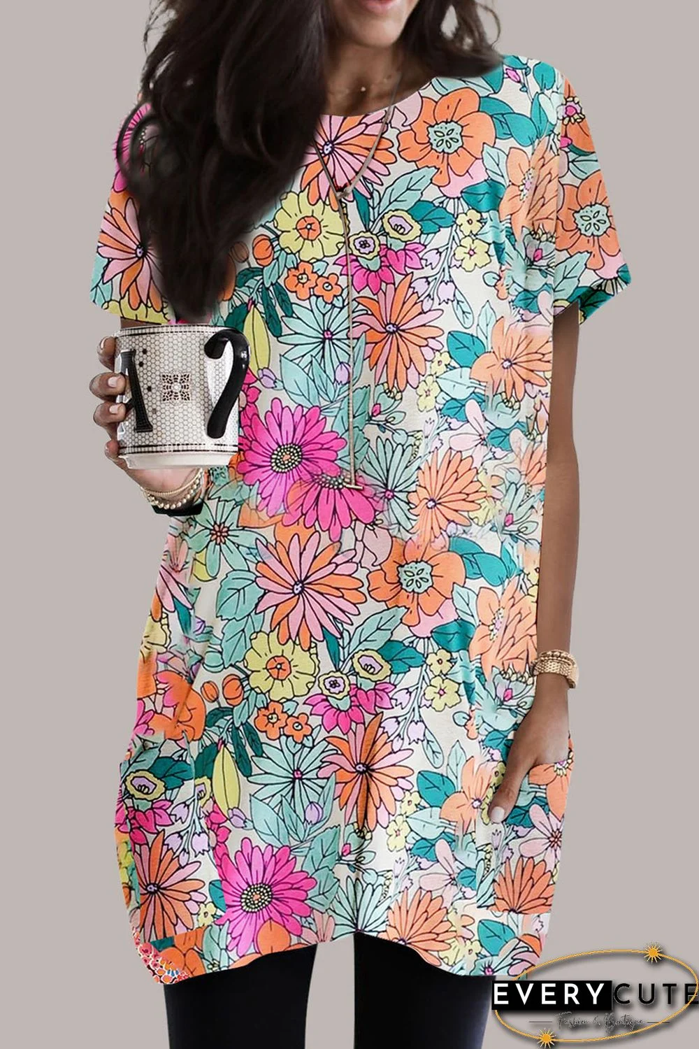 Multicolor Boho Flower Print Short Sleeve Tunic Top
