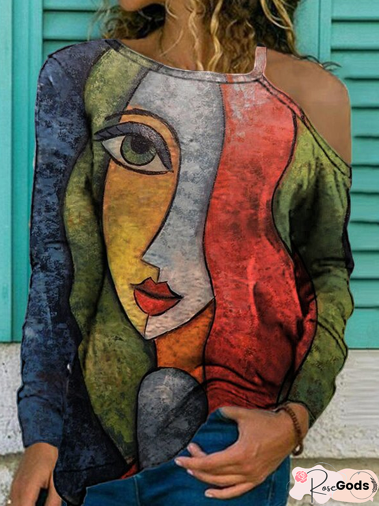 Abstract Long Sleeve Cotton-Blend Casual Shirts & Tops