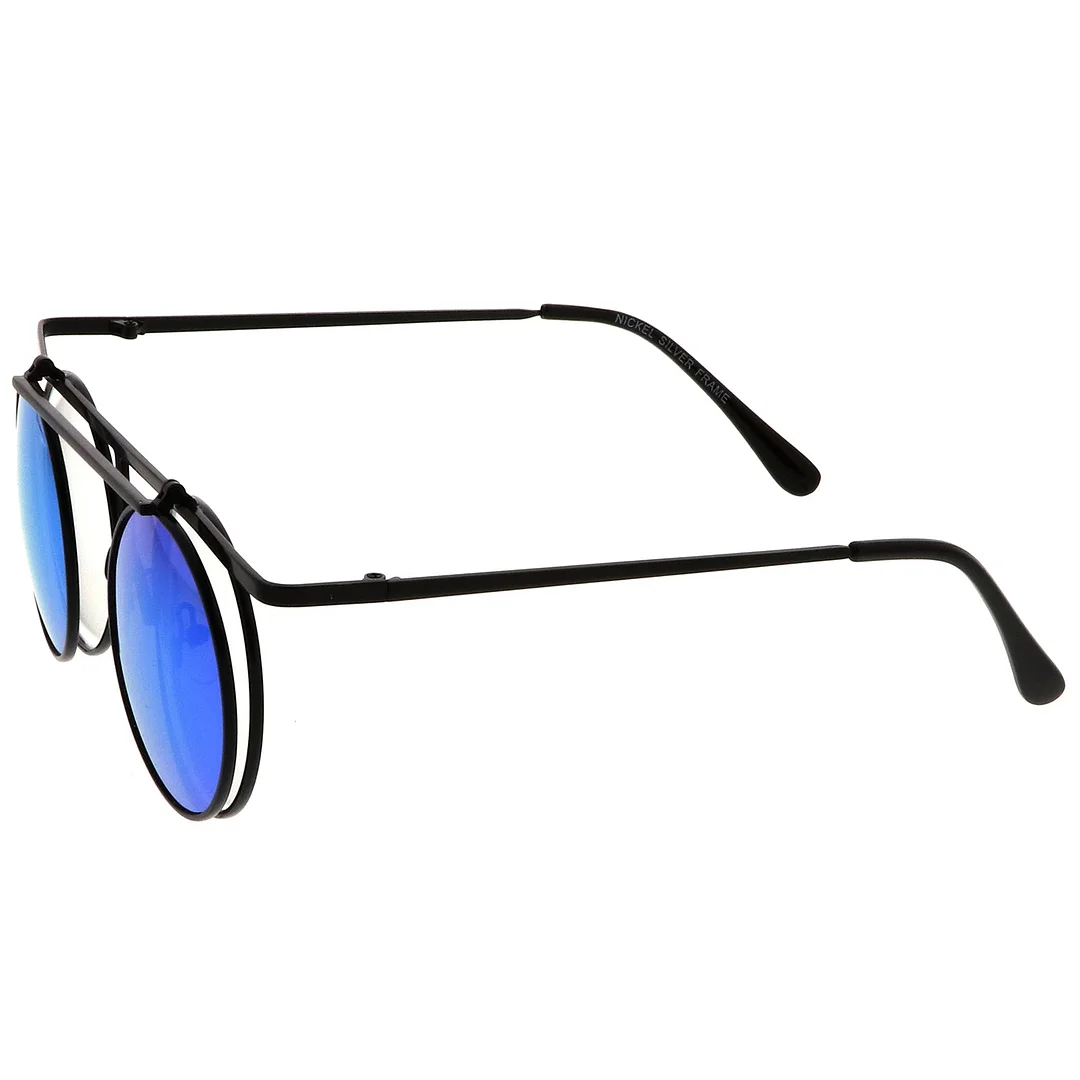 Steampunk Flip Up Cover Flat Top Colored Mirror Clear Lens Round glasses 44mm