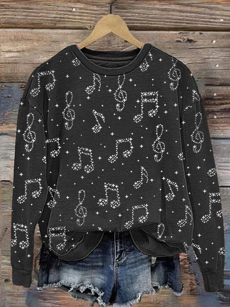 VChics Star Music Notes Print Casual Cozy Sweatshirt