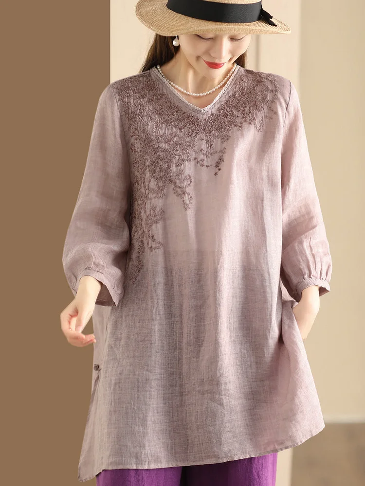 Women Summer Artsy Embroidery Ramie Long Shirt