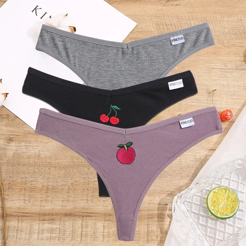FINETOO 2/3PCS Women Lingerie Fruit Embroidery Panties G-string Sexy Low Rise Cotton Thongs Girl Underwear V-Waist Female Pantys