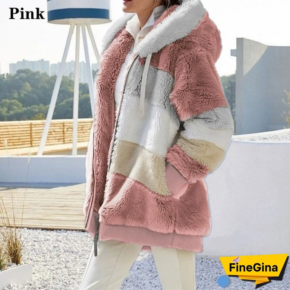 New Winter Women's Jacket Hooded Warm Plush Loose Jacket for Women Patchwork Winter Outerwear Faux Fur Zipper Ladies Parka Coat Plus Size