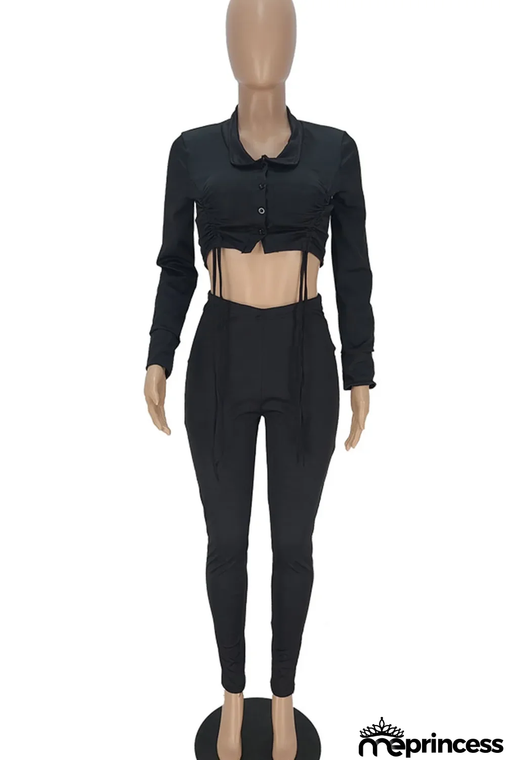 Rose Red Sexy Solid Split Joint Buckle Fold O Neck Long Sleeve Two Pieces