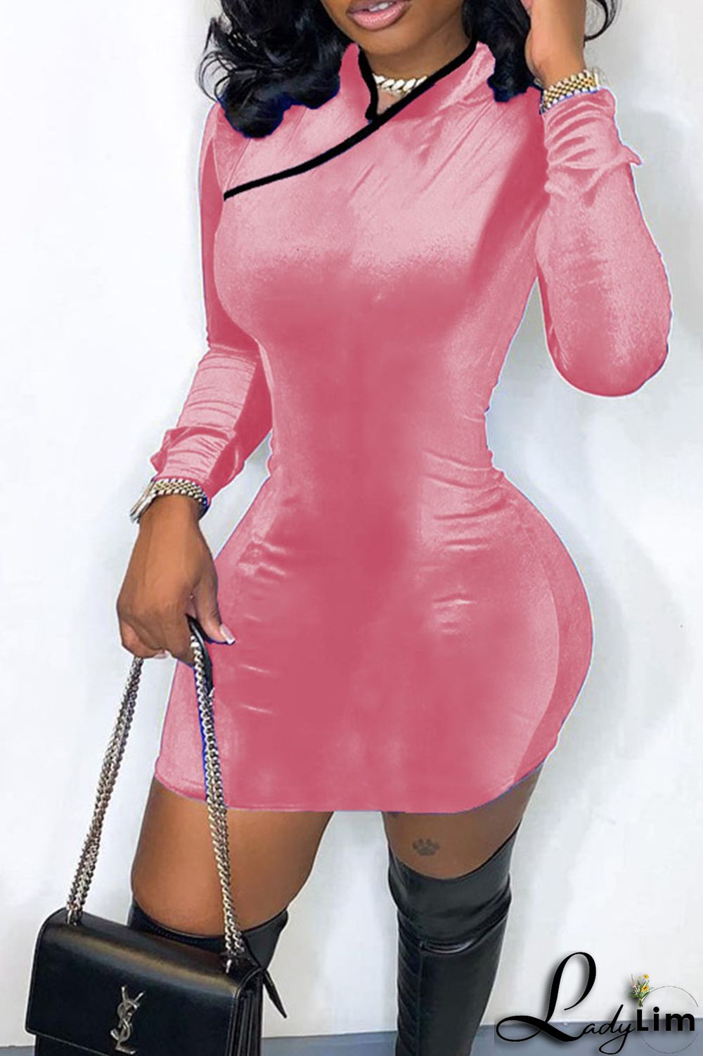 White Elegant Solid Patchwork Half A Turtleneck Pencil Skirt Dresses