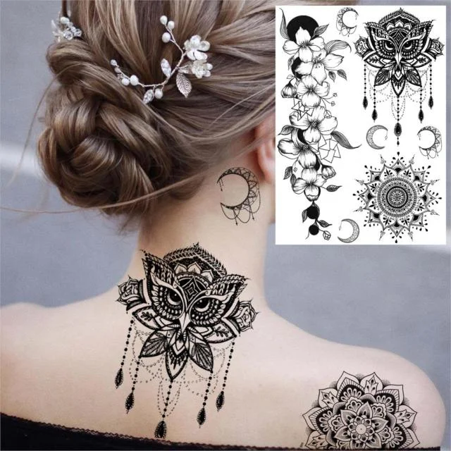 REJASKI Black Henna Lace Temporary Tattoos Sticker For WOmen Butterfly Moth Mehndi Flower Fake Tatoo Sticker Feather Flora Tatoo