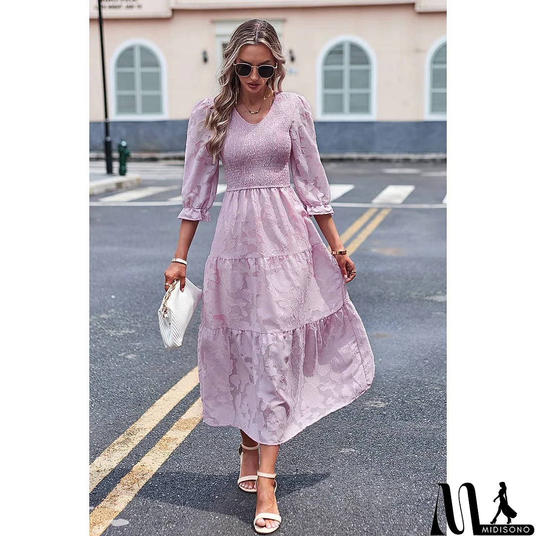 MidiSono - Solid Floral Ruched Color Block Ruffle Full Dress