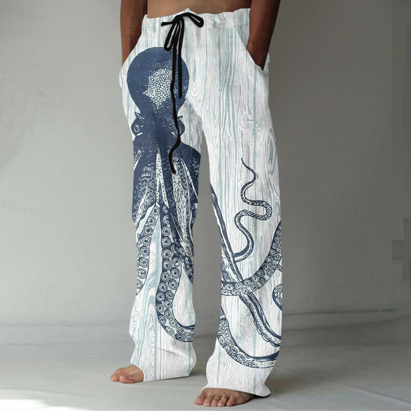 menweary Japanese Art Octopus Print Casual Linen Blend Pants