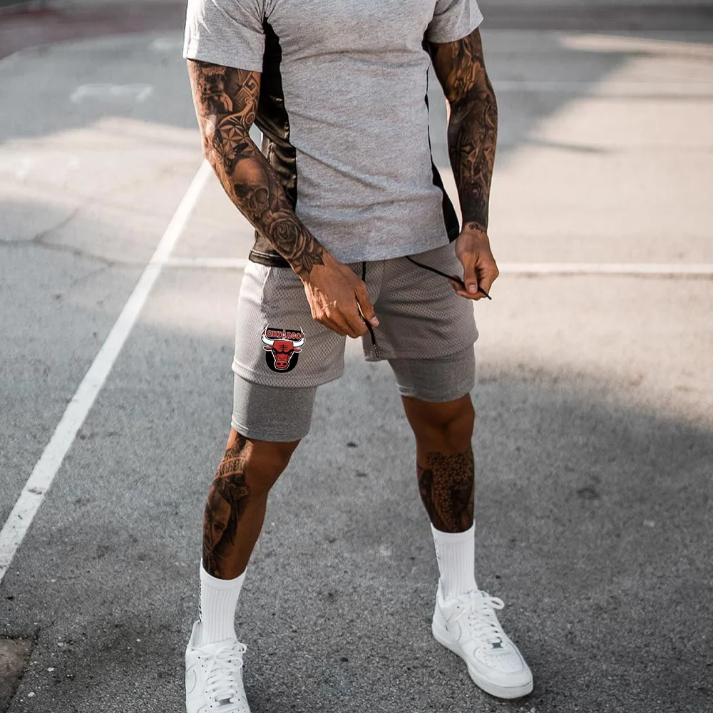 Men's Athletic Comfort Double Layer Bull Print Shorts