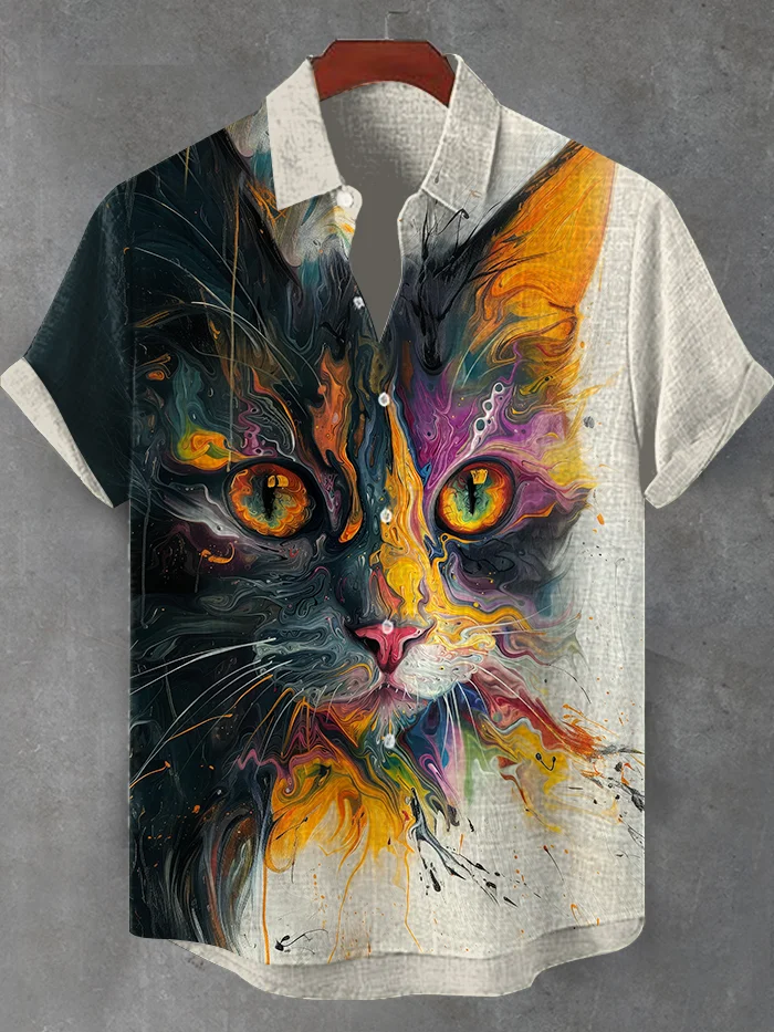 Men's Trippy Fluid Contrast Color Black Cat Art Print Casual Shirt