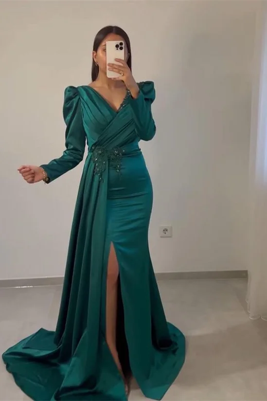 Long Sleeves Ruffle Mermaid Beadings Prom Dress With Front Split PD0906