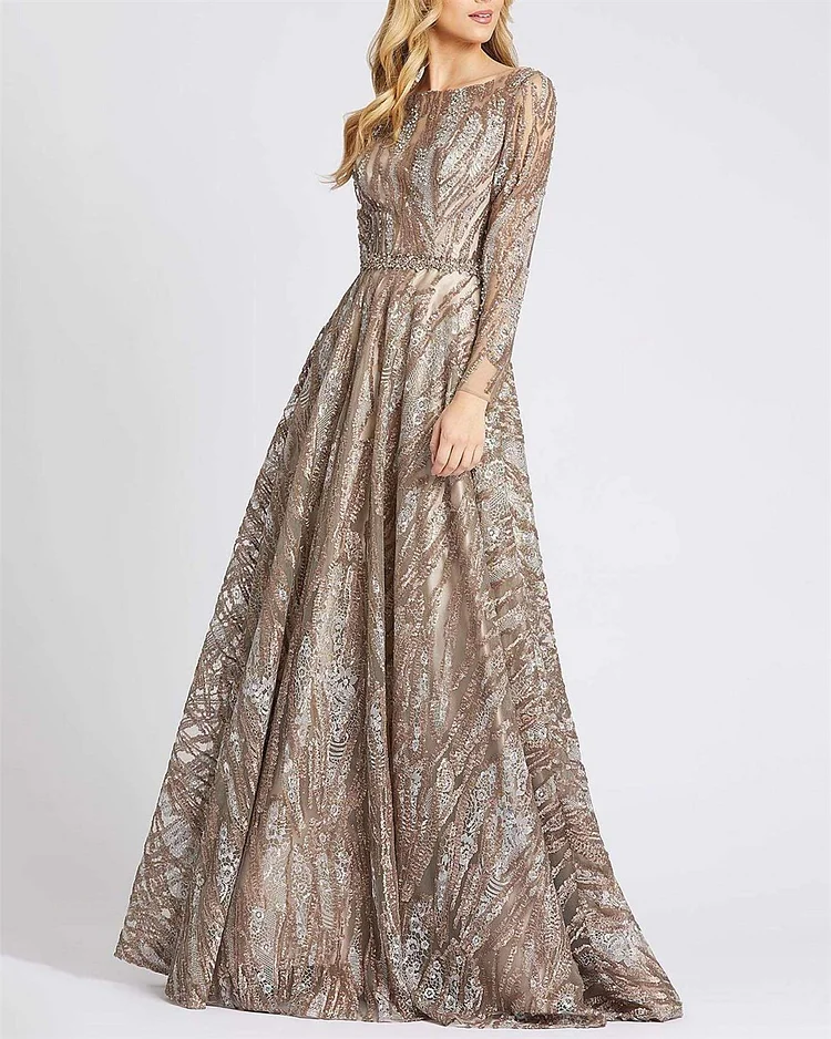 Women's Brown Round Neck Embroidered Mesh Dress - 01
