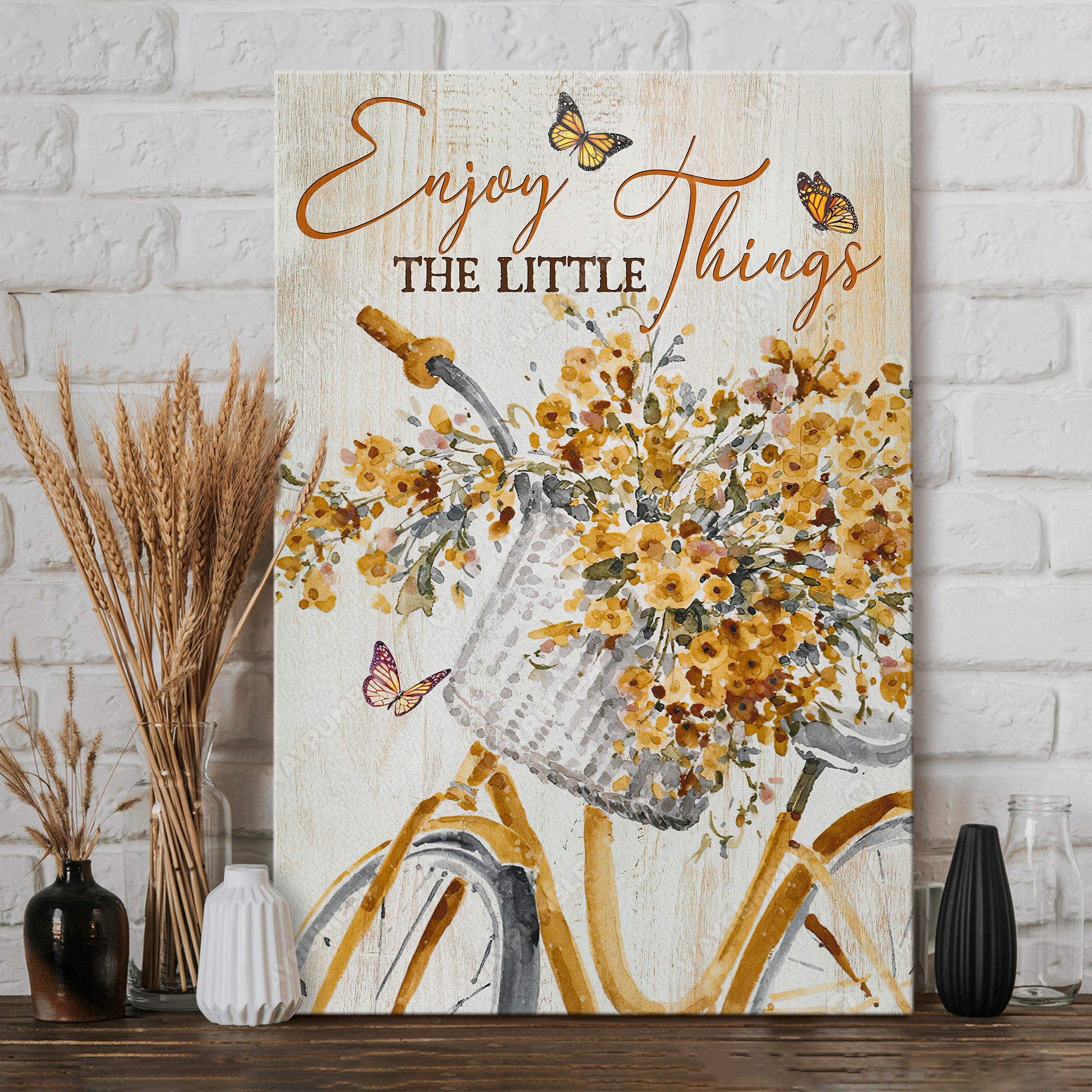 Enjoy the little things Yellow bicycle Baby flower Monarch butterfly Canvas Wall Art 