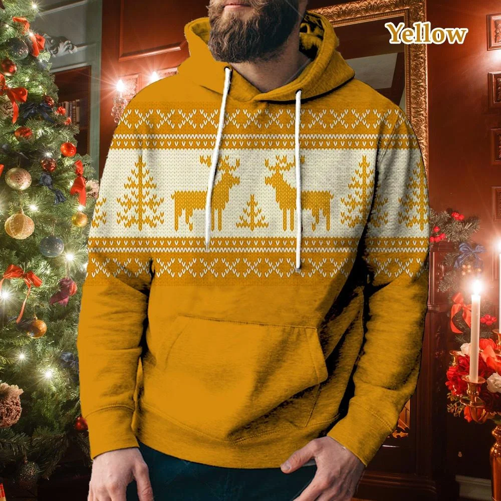 Men's Casual Sports Christmas Reindeer Series 3D Digital Printed Hooded Pullover