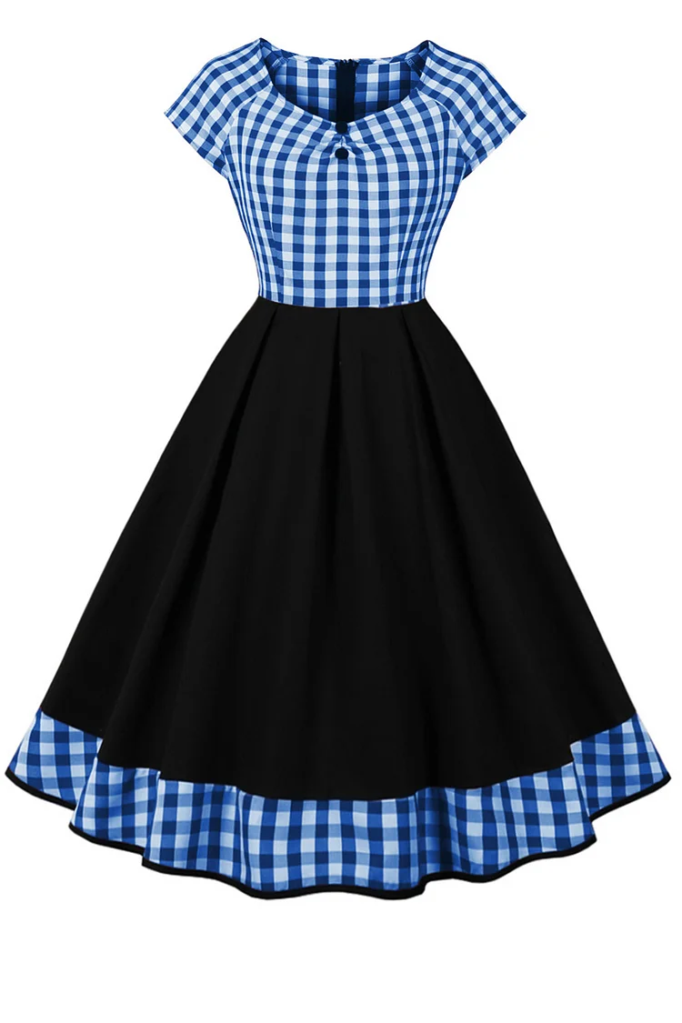 1950s Blue Halloween Plaid Patchwork Ruched A-line Swing Midi Dress