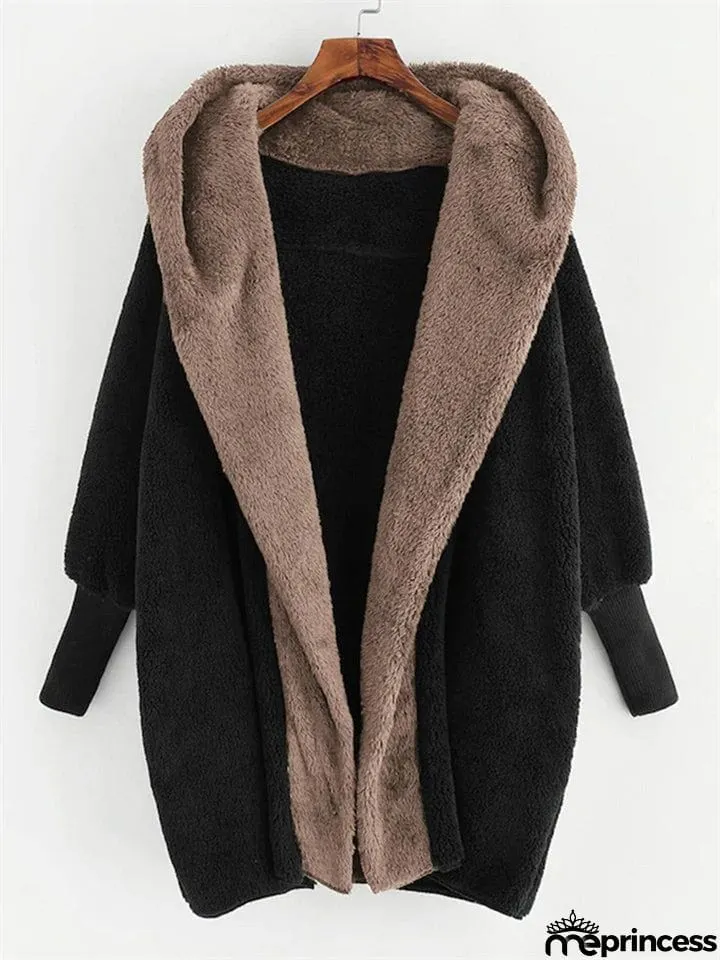 Fluffy Contrast Color Long Sleeve Hoodies