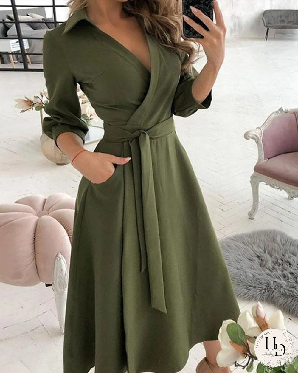 Elegant Solid V Neck 3/4 Sleeve Wrap Midi Dresses