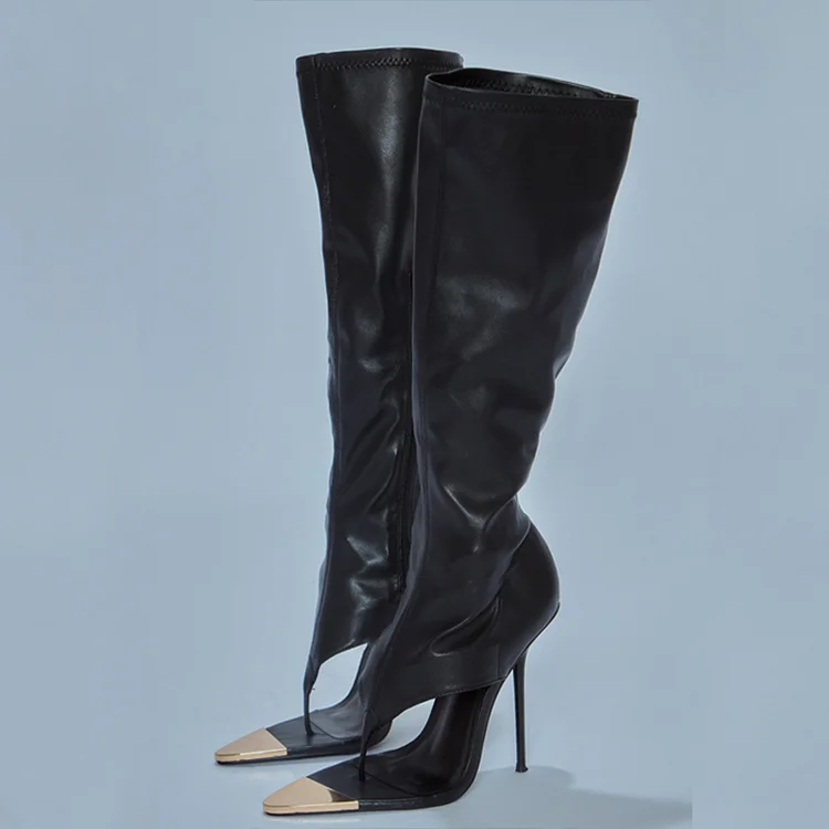 Black Stiletto Matte Leather Shoes Pointy Toe Calf High Heeled Boots |FSJ Shoes