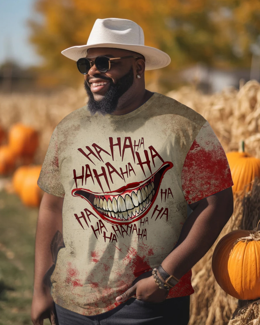 Men's Plus Size Fashion Halloween Hahaha Laughing Mouth Printed Round Neck Short Sleeve T-Shirt