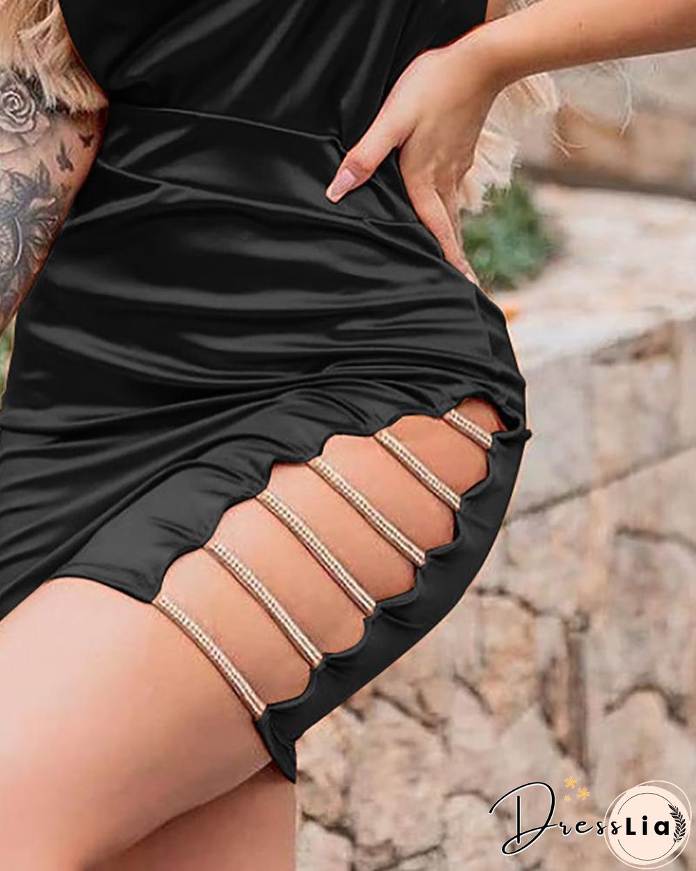 Studded Halter Cutout Ruched Bodycon Dress P15633
