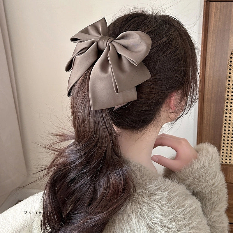 French Style Gentle Elegant Satin Big Bow Banana Clip Advanced Sense Simple Hairpin Hair Accessories High Ponytail Vertical Clip
