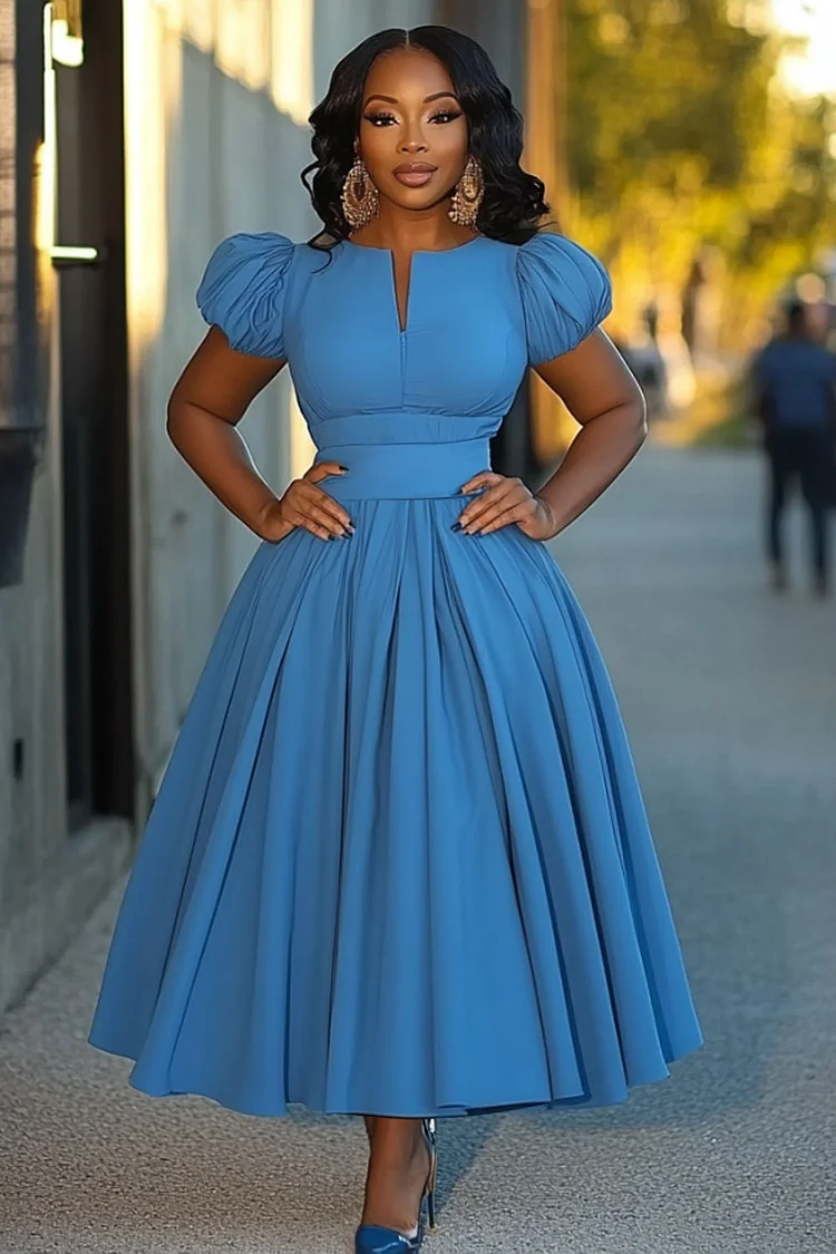 Notched Neck Puff Sleeve Gathered Hem A-Line Maxi Dresses-Blue [Pre Order]