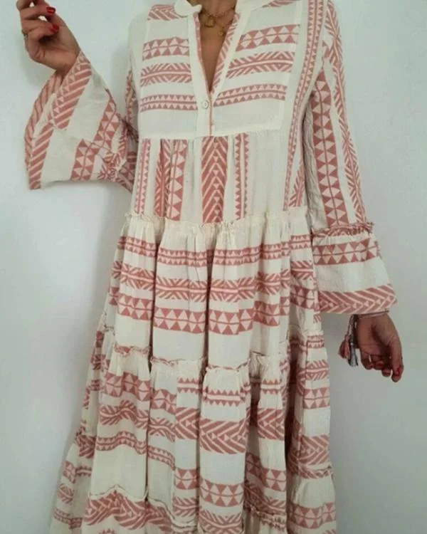 Vintage Boho Print Dress Flare Sleeve Ruffled Hem Maxi Dress