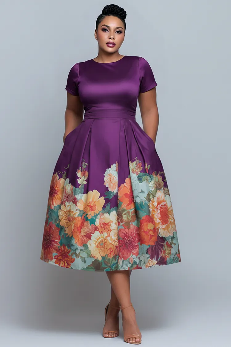 Xpluswear Design Plus Size Cocktail Party Purple Floral Round Neck Short Sleeve Pocket Satin Midi Dresses [Pre-Order] 2024 - Xpluswear