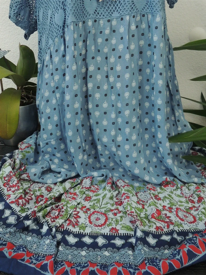 Women Short Sleeve Scoop Neck Floral Printed Lace Stitching Tops