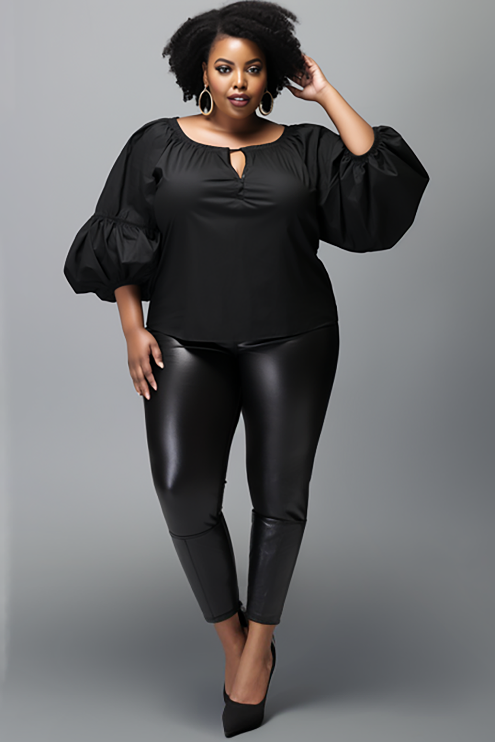 Design Plus Size Daily Black Round Neck Lantern Sleeve 3/4 Sleeve Cut Out Blouses [Pre-Order]