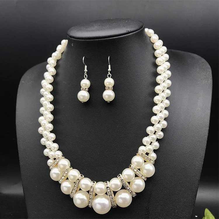 Elegant Double Layered Rhinestone Pearls Necklace Earrings Two Pieces Jewelry Set