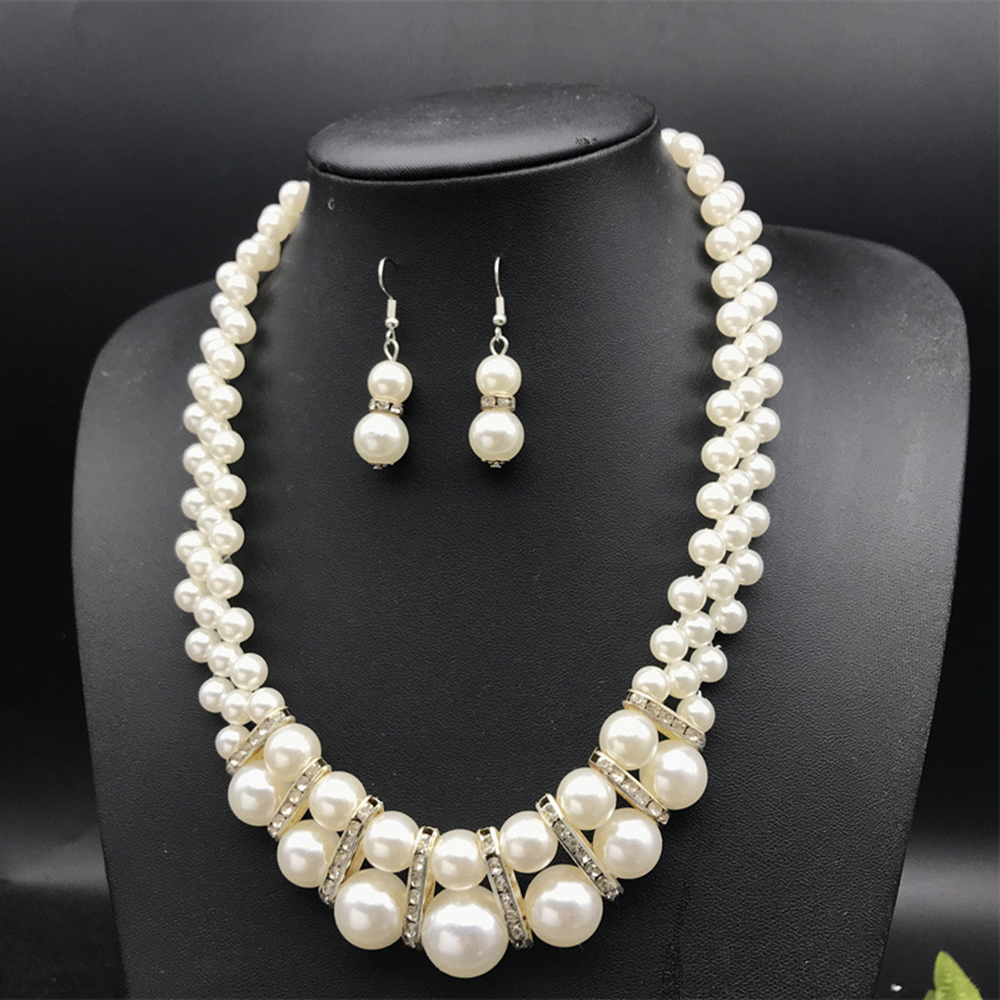 Elegant Double Layered Rhinestone Pearls Necklace Earrings Two Pieces Jewelry Set