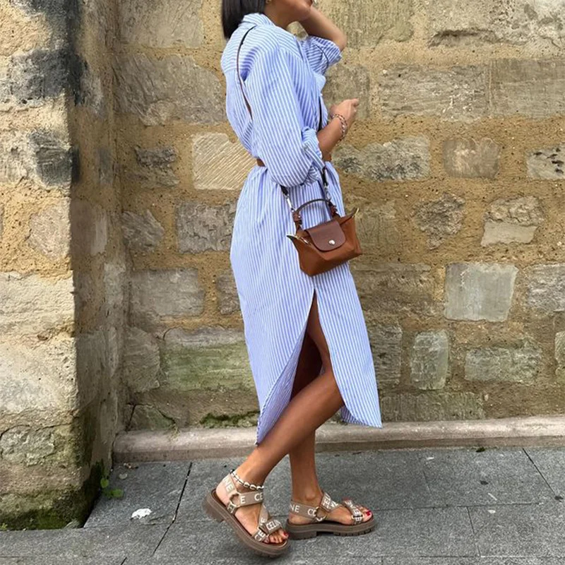 Woherb Woherb Spot Fall 2024 New Ladies Fashion Stripe Print Medium Long Dress-Outfit Ideas