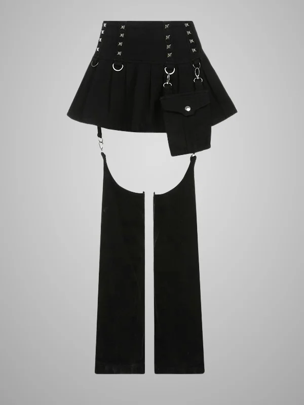 Gothic Black Metal Buckle Hollow Stitching Pleated Skirt Trousers
