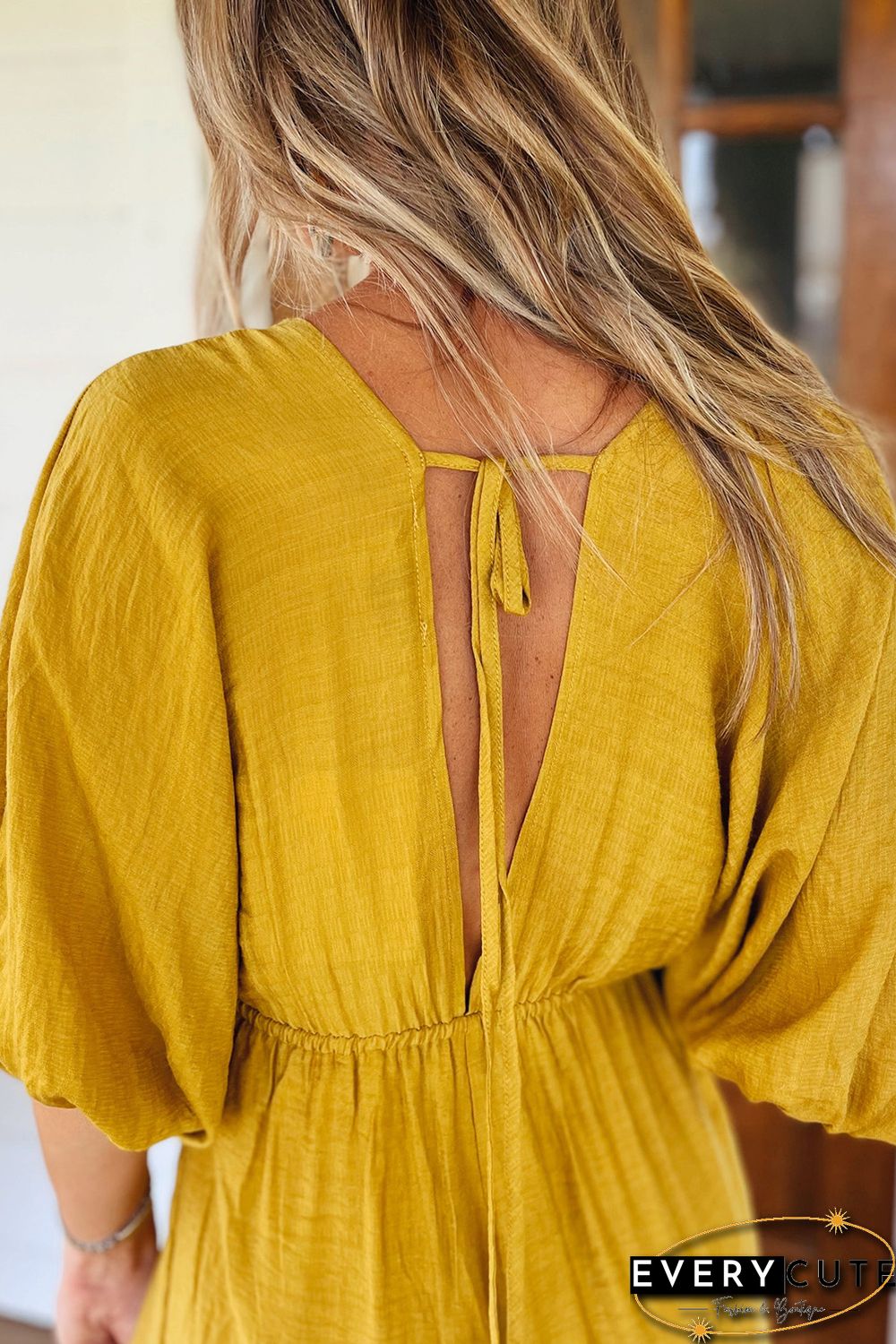 Yellow Surplice V Neck Half Sleeves Slit Leg Jumpsuit
