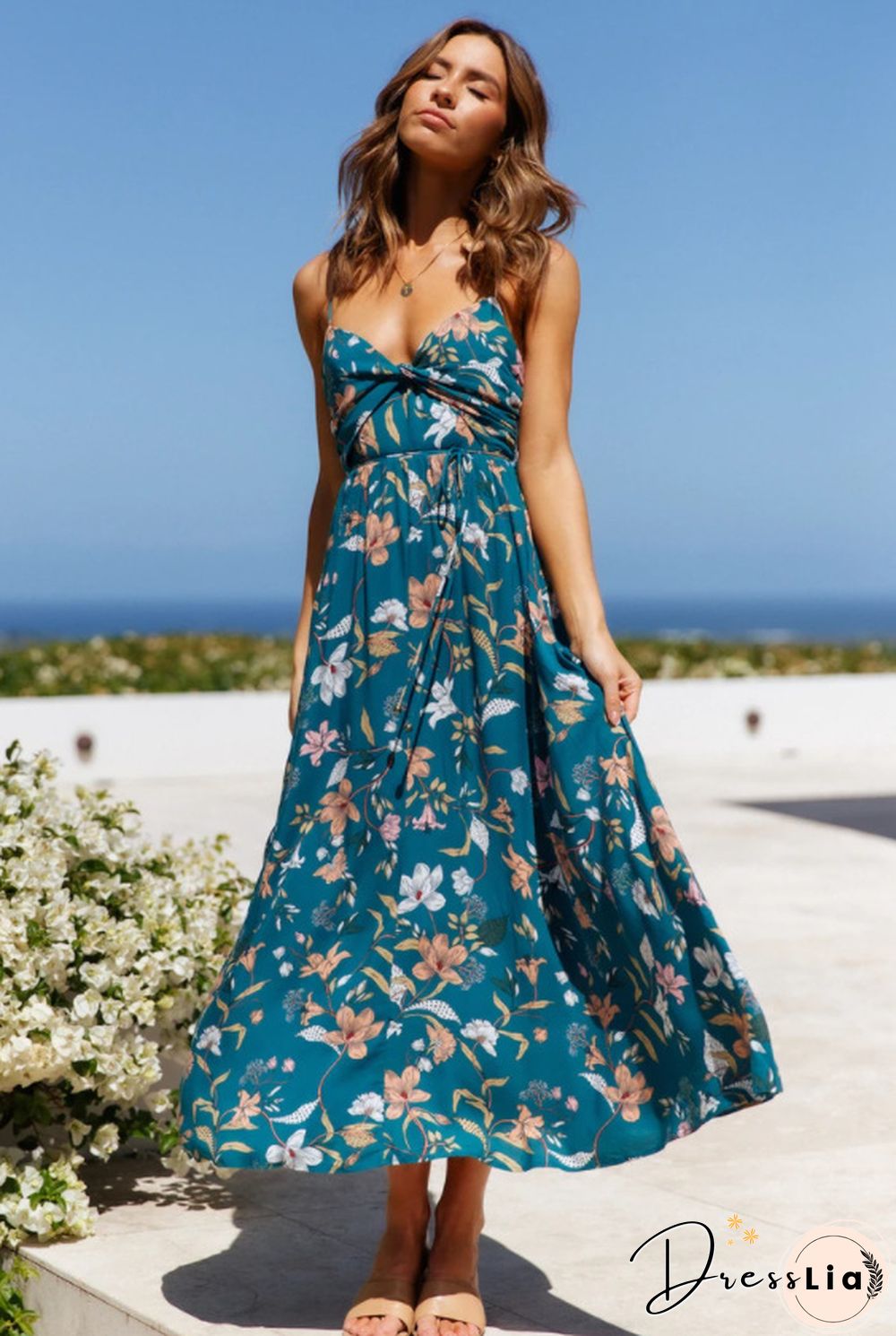 V-neck Sling Printed Bohemian Beach Dress